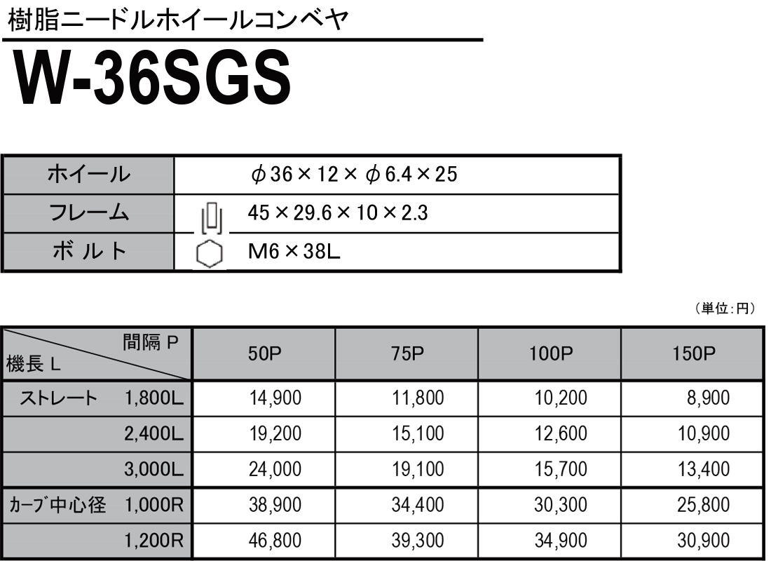 W-36SGS　樹脂ニードルホイールコンベヤ　ホイールコンベヤ　価格表