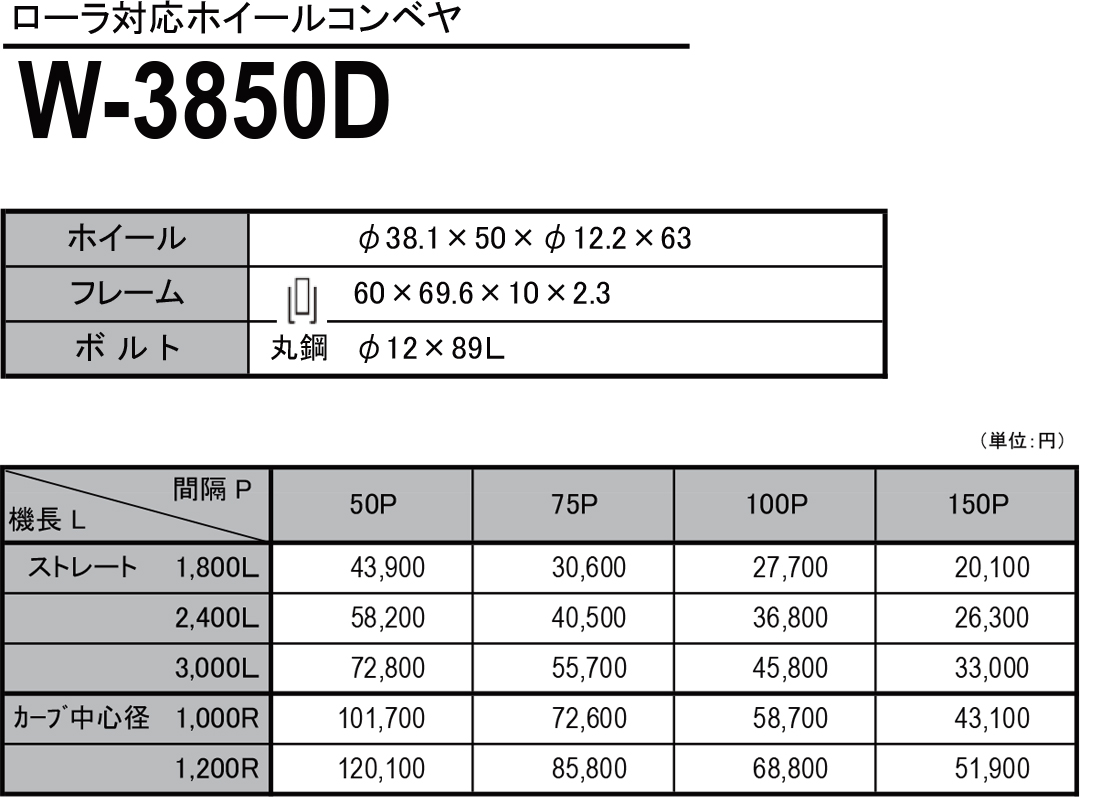 W-3850D　ローラ対応ホイールコンベヤ　ホイールコンベヤ　価格表