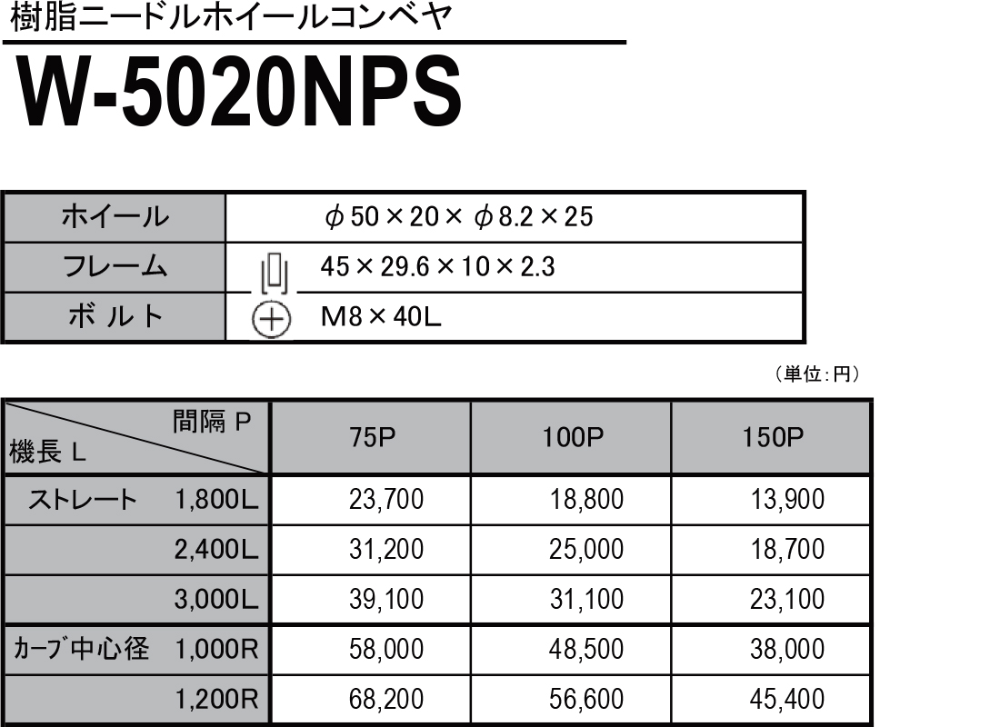 W-5020NPS　樹脂ニードルホイールコンベヤ　ホイールコンベヤ　価格表