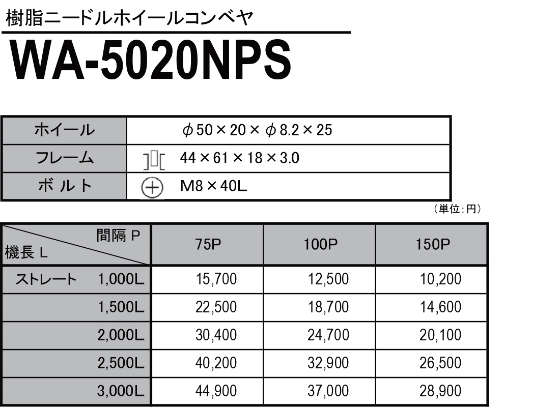 WA-5020NPS　樹脂ニードルホイールコンベヤ　ホイールコンベヤ　価格表