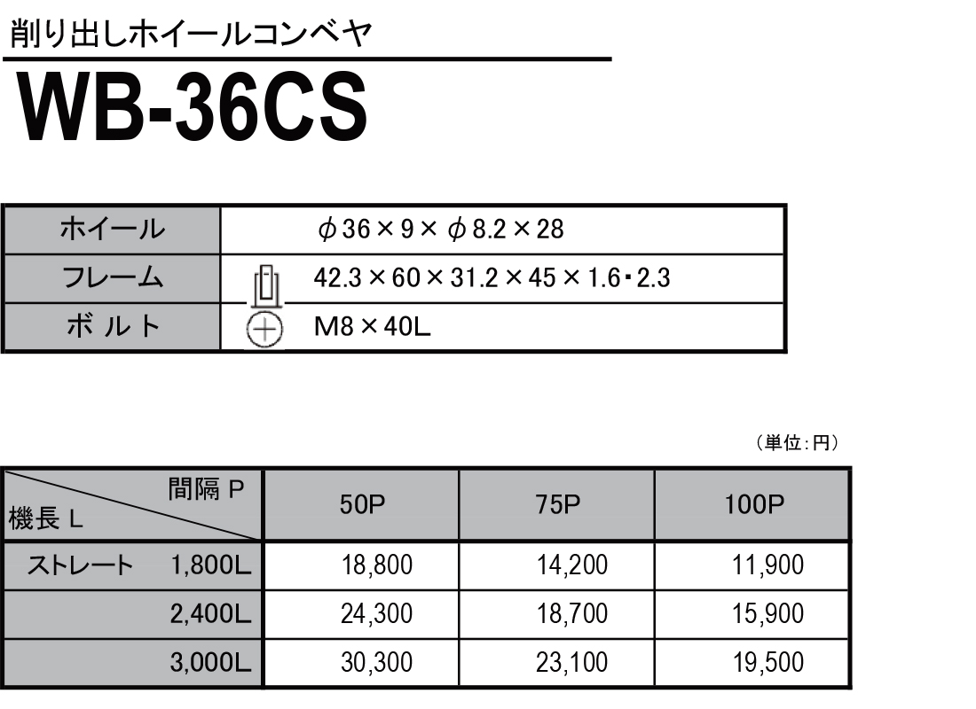 WB-36CS　削り出しホイールコンベヤ(スチール製）　ホイールコンベヤ　価格表